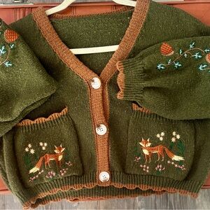 ROMWE Green Cardigan with Fox Embroidery